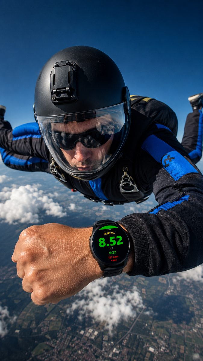 Skydiver in freefall checking the watch, 8.52 k ft in green